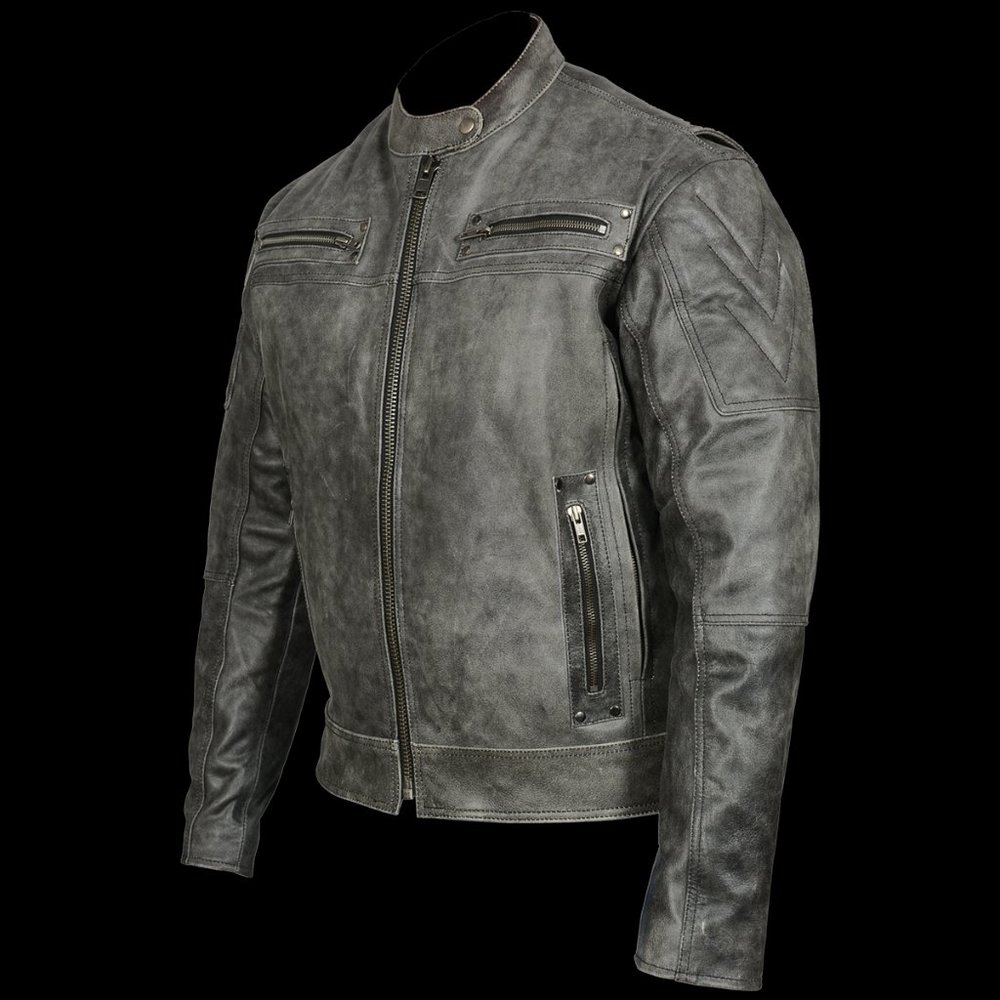 Men's Distressed Gray Padded and Vented Leather Scooter Jacket